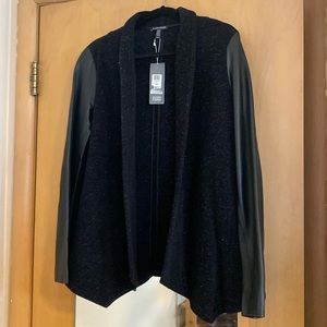 NWT Eileen Fisher Plush cotton speckle with leather sleeves jacket beautiful!